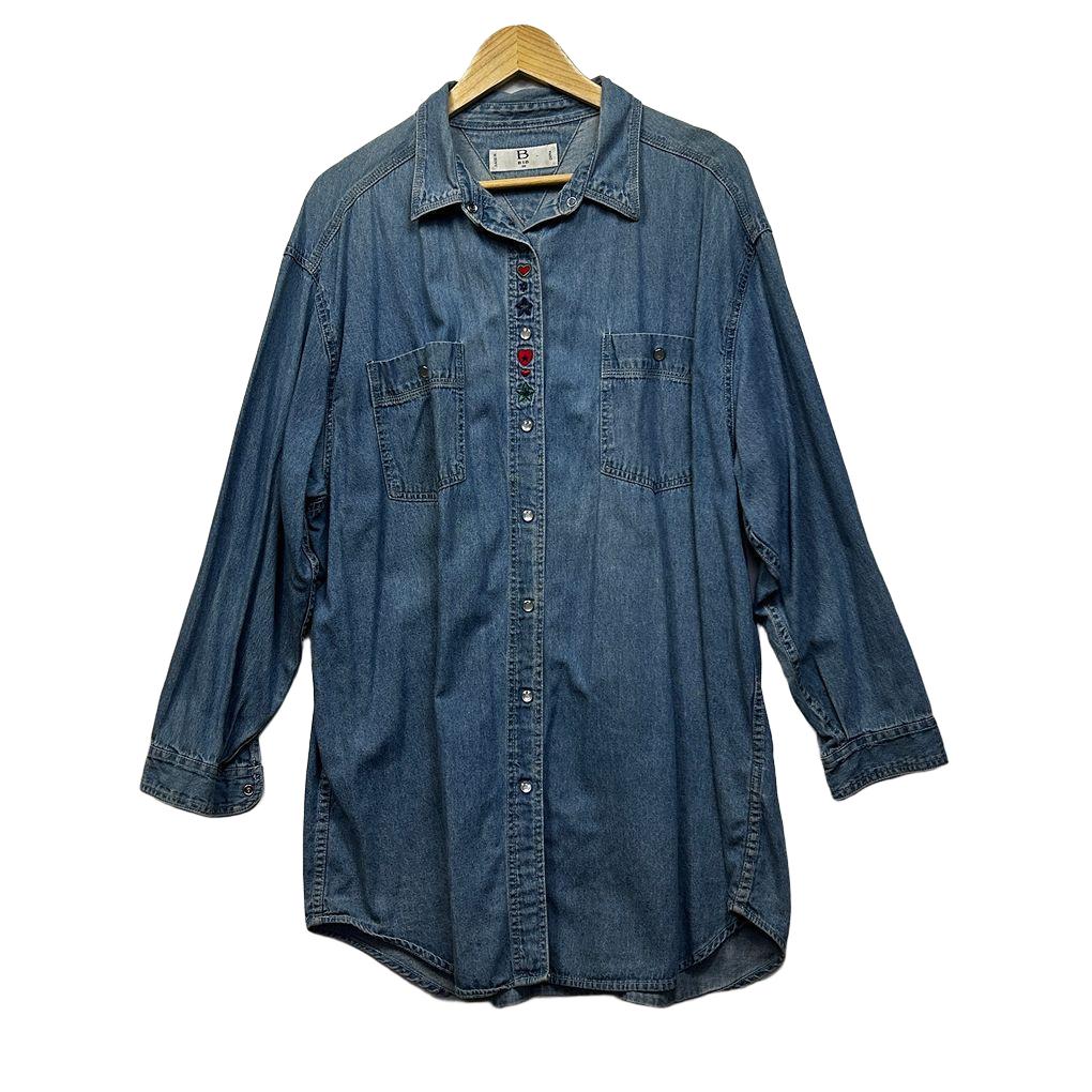 BIB Blue Denim Plus Size Snap Closure Longline Cotton Shirt - Size 20