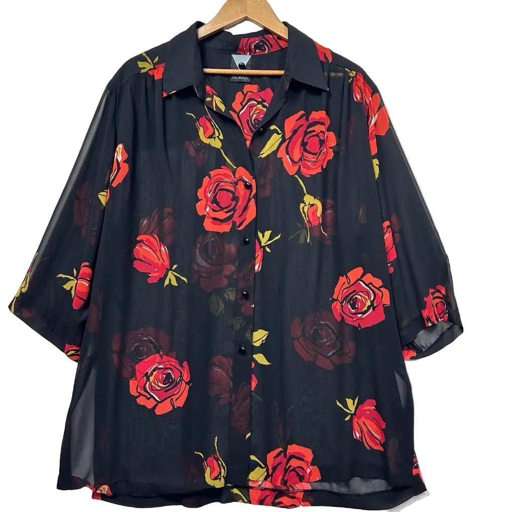 Balmoral Navy Rose Print Sheer Shirt - Size 18