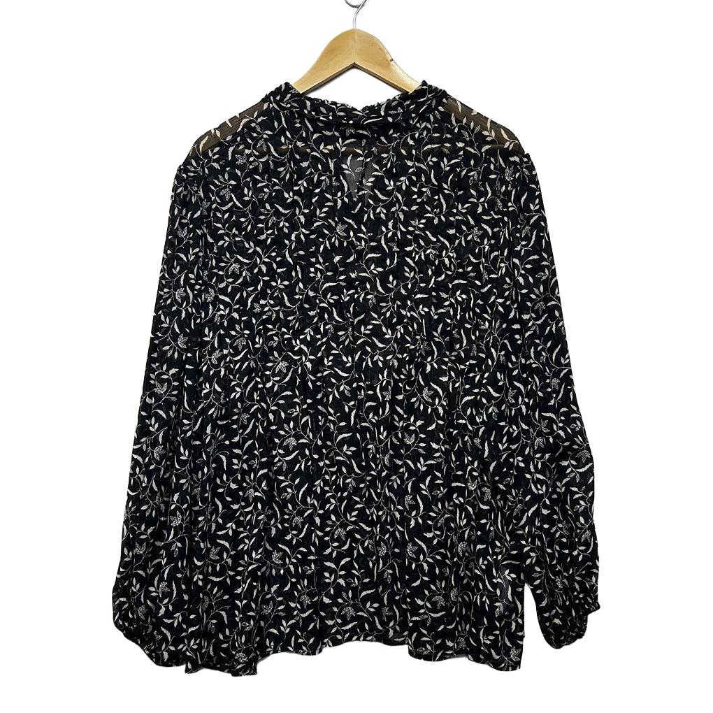 Basque Curve Black Leaf Print Plus Size Top - Size 20