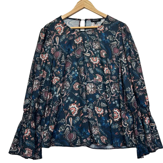 Basque Teal Floral Bell Sleeve Blouse - Size 16