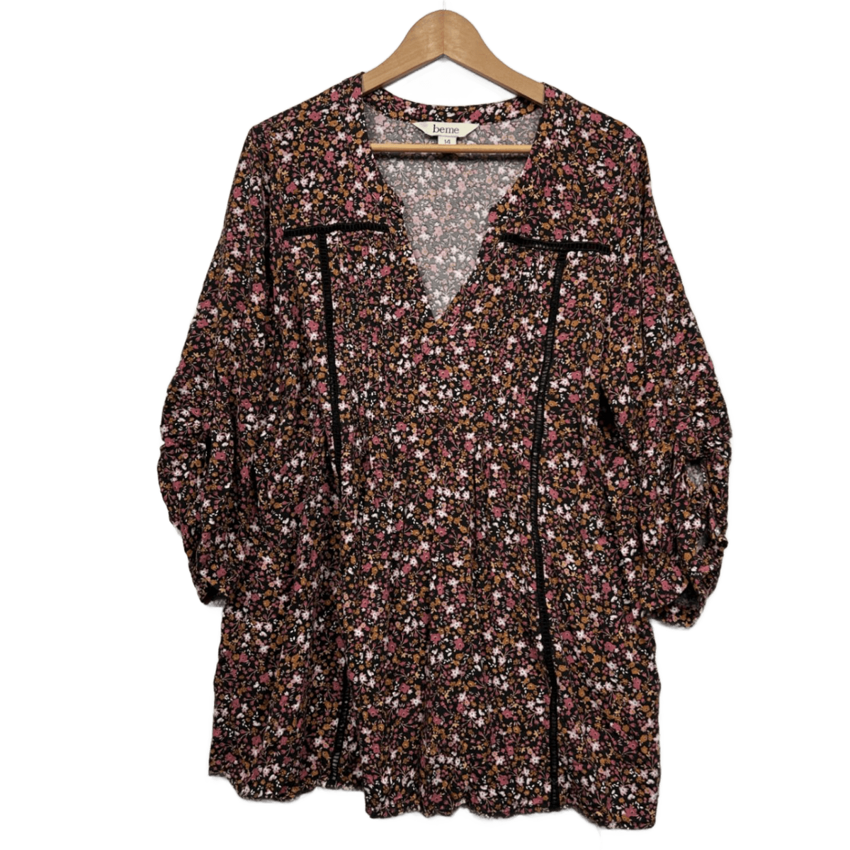 Beme Floral Crochet Trim Roll Tab Sleeve Tunic Top - Size 14