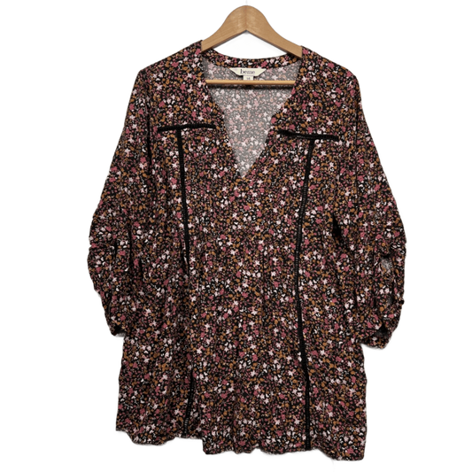 Beme Floral Crochet Trim Roll Tab Sleeve Tunic Top - Size 14