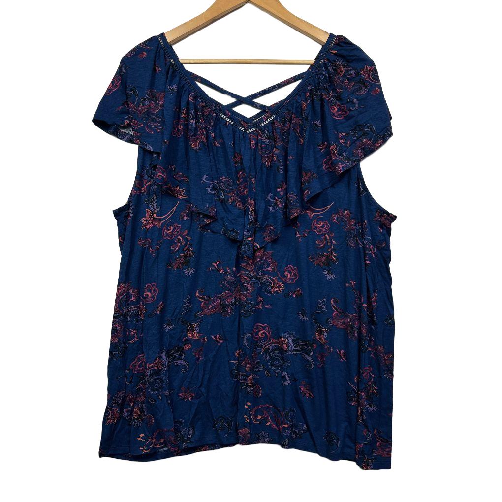 Beme Navy Floral Ruffle Top - Size 18/M