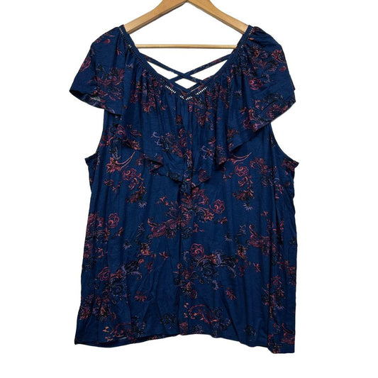Beme Navy Floral Ruffle Top - Size 18/M