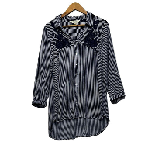 Beme Navy Striped Ebroidered Long Sleeve Shirt - Size 14