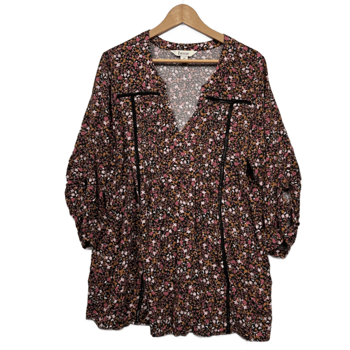 Beme Tunic Tops Size 14 Plus Floral Roll Tab Sleeve Crochet Trim