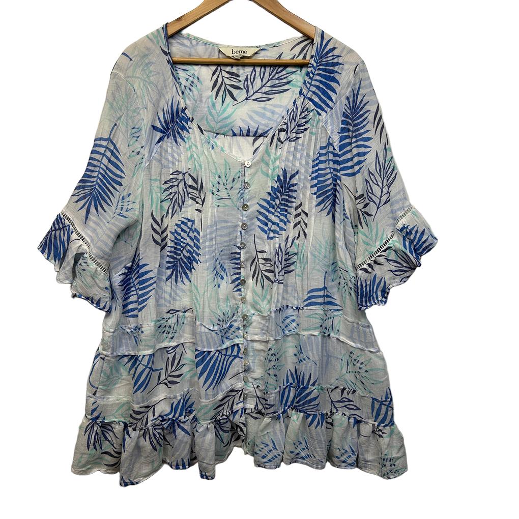 Beme Blue Leaf Print Top - Size 18/20 (Fault)
