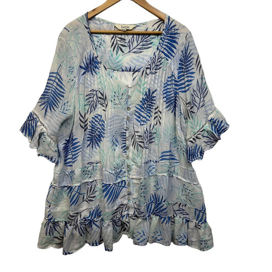 Beme Blue Leaf Print Top - Size 18/20 (Fault)