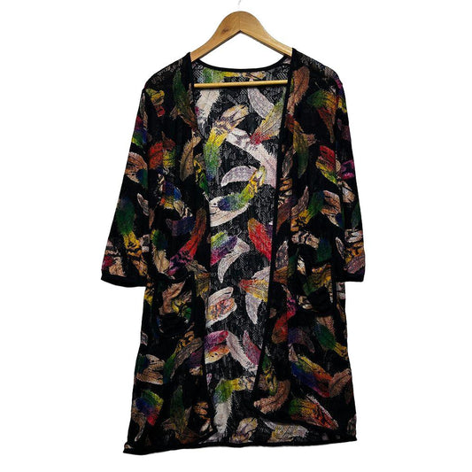 Black Feather Print Plus Size Cotton Silk Kimono - Size XXL