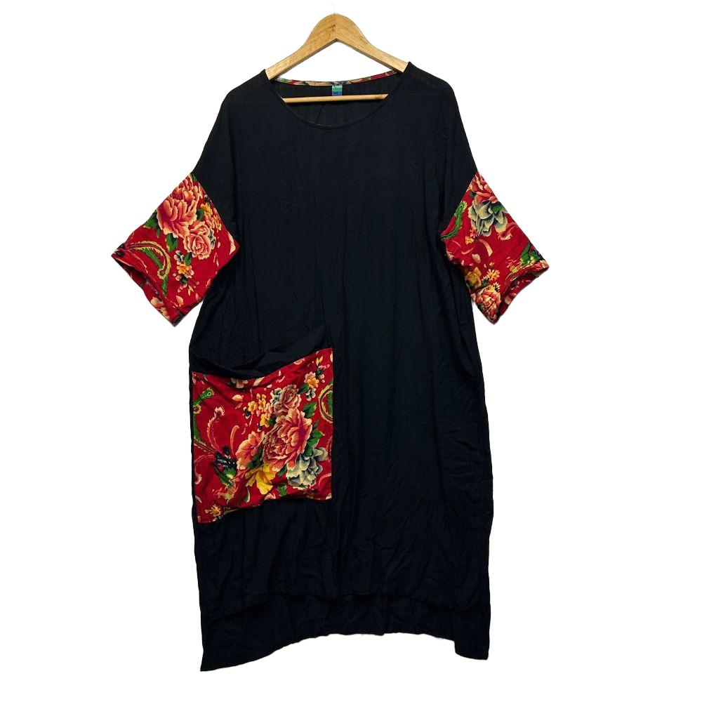 Black Floral Linen Dress - Size 18/20