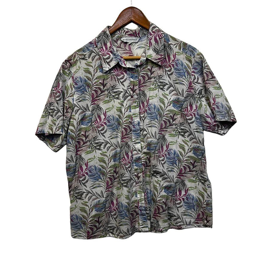 Black Pepper Grey Leaf Print Cotton Shirt - Size 16