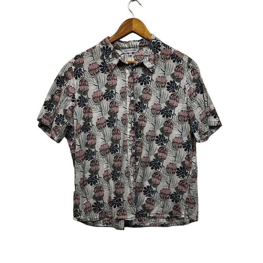Black Pepper White Floral Button Up Cotton Shirt - Size 16