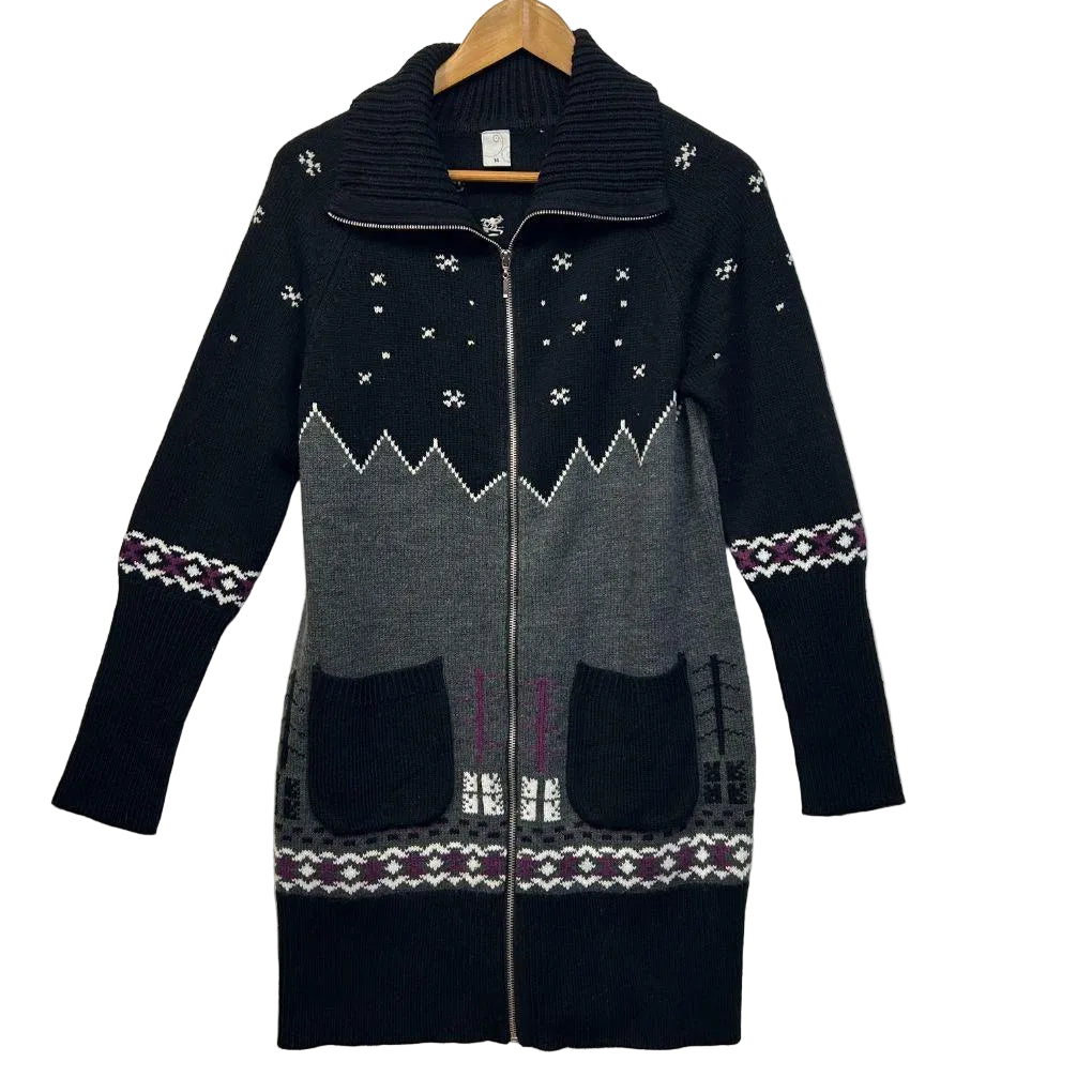 Target Longline Zip Cardigan Black Grey Fair Isle Nordic Knit Jumper - Size 14