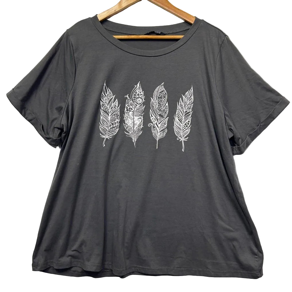 BloomChic Grey Feather Print Cotton Top - Size 18-20