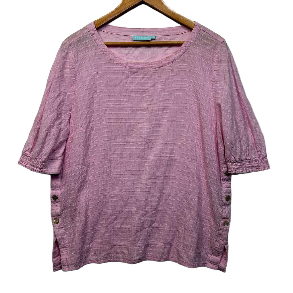 Blue Illusion Pink Cotton Short Sleeve Top - Size L