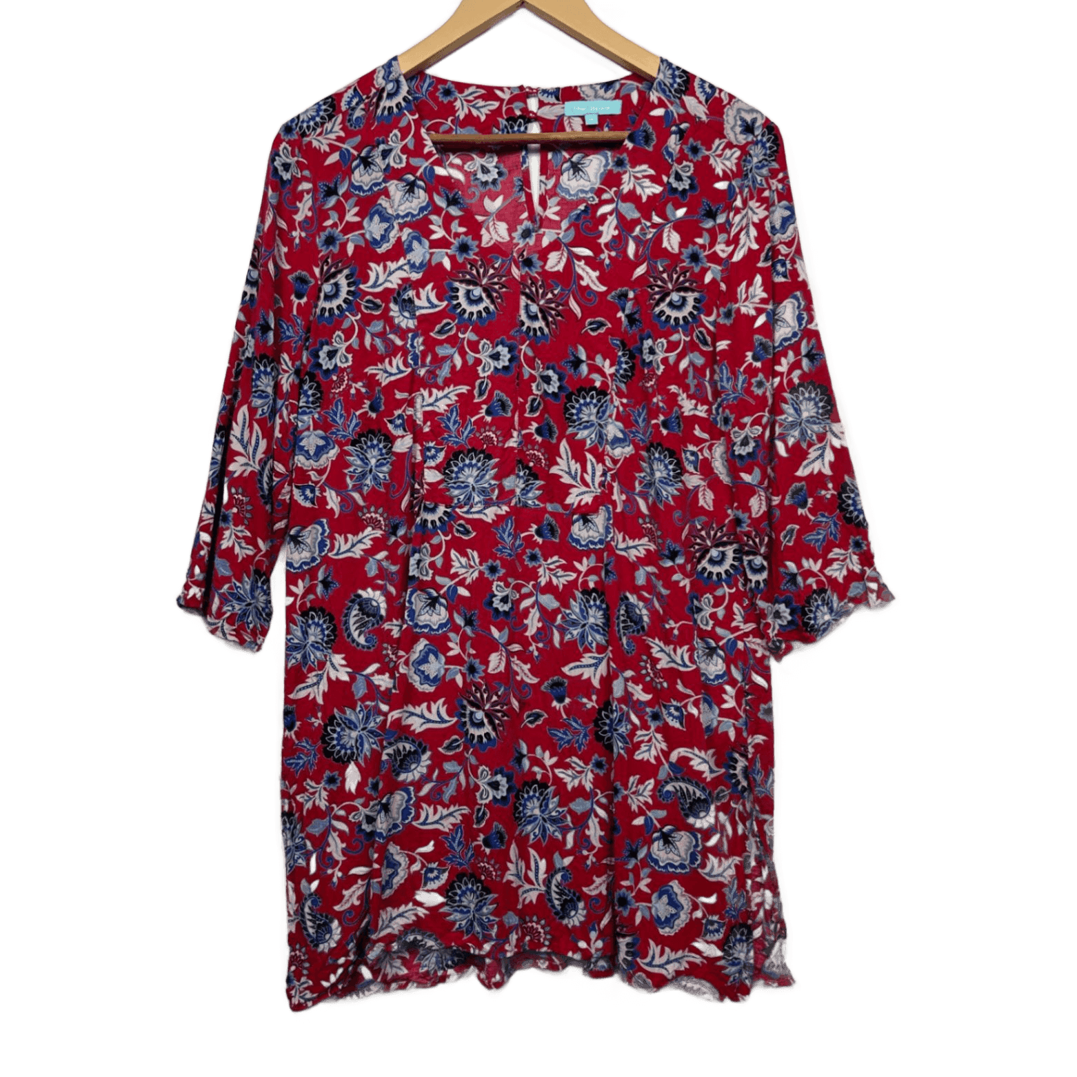 Blue Illusion Top Size 12 / 14 Red Floral Long Sleeve Rayon
