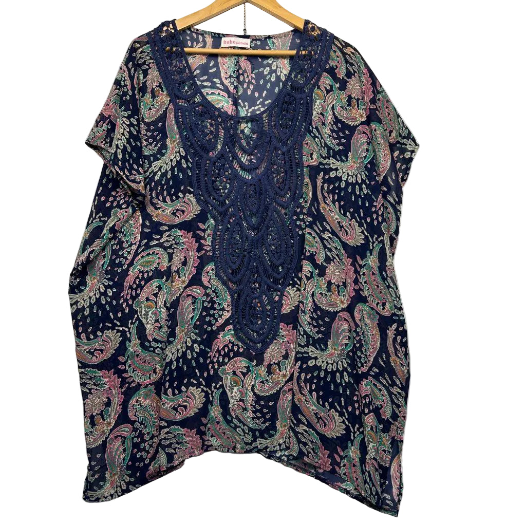 Boho Australia Navy Paisley Sheer Kaften Top - One Size