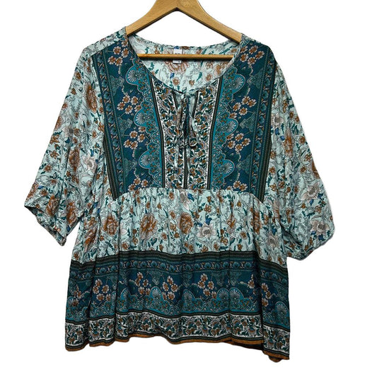 Brown Coco Teal Floral Top - Size 1XL