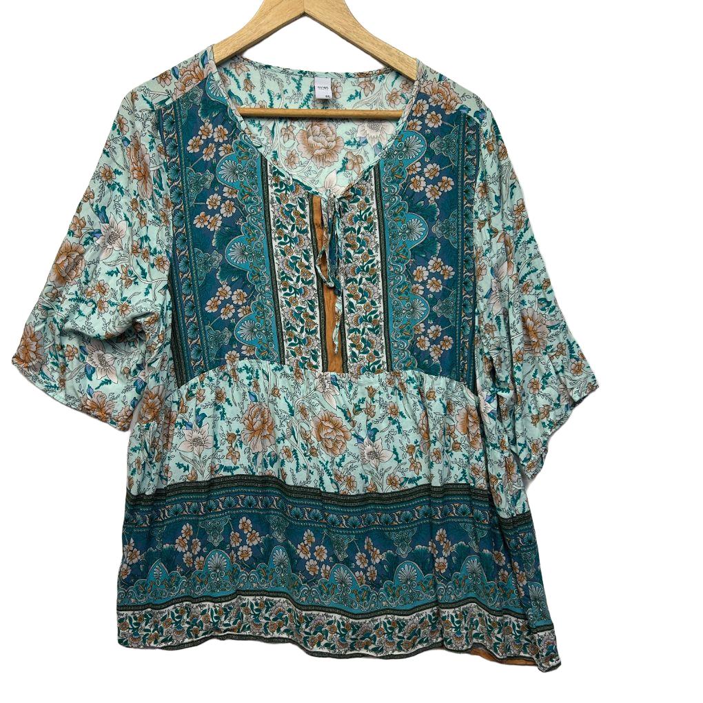 Brown Coco Teal Floral Boho Top - Size 0XL