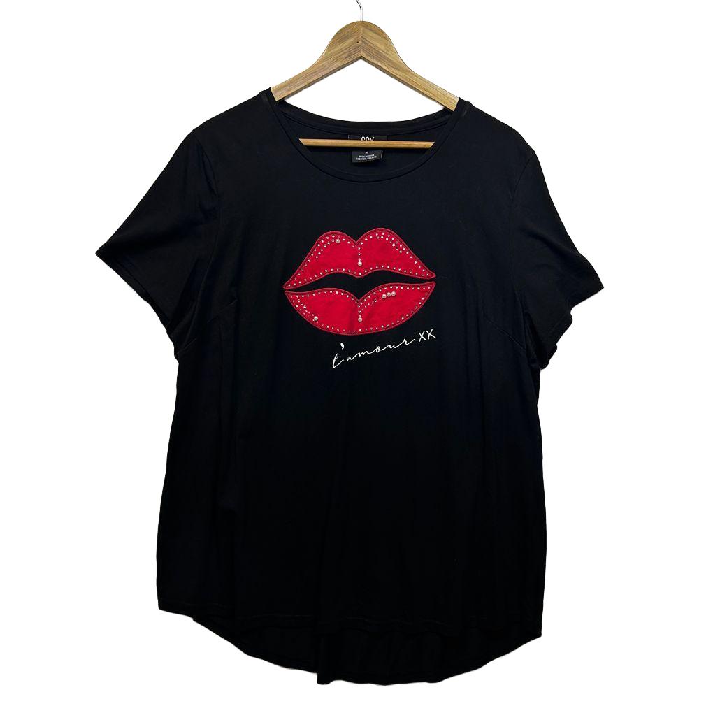 CCX City Chic Black Plus Size Cotton Lips Print Top - Size M/18