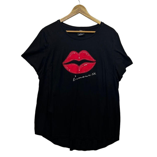 CCX City Chic Black Plus Size Cotton Lips Print Top - Size M/18