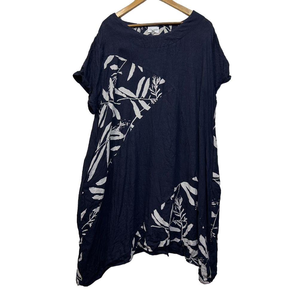 Cali & Co Navy Linen Print Dress - Size L/XL