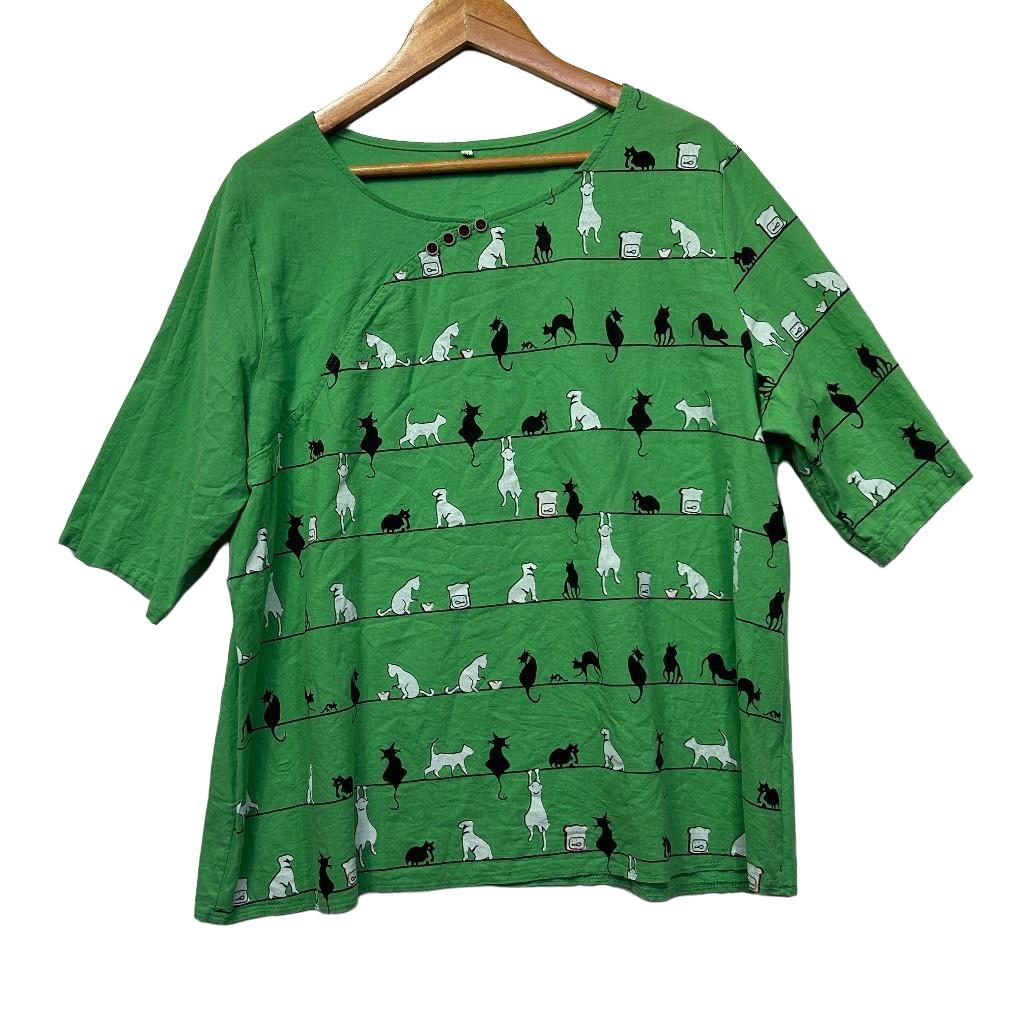 Cat Green Print Top - Size XL (Fault)