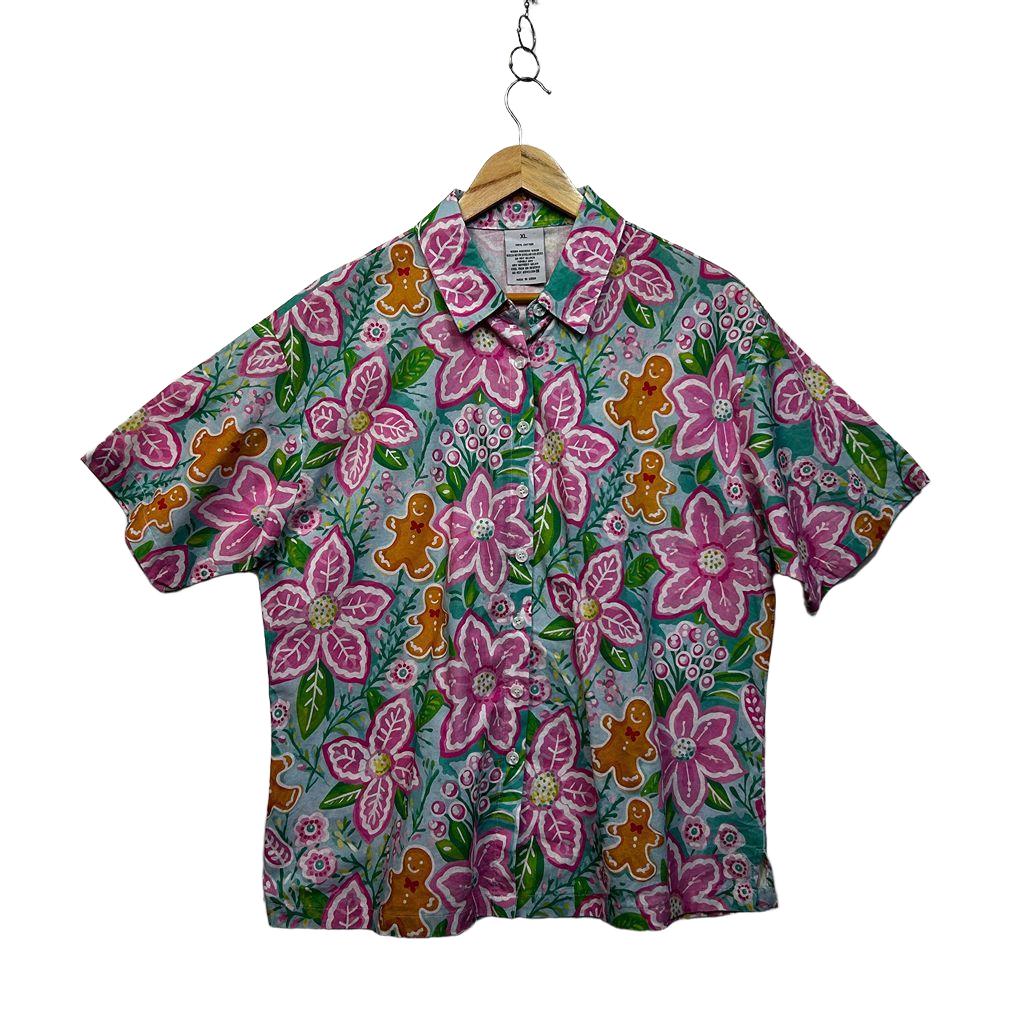 Christmas Gingerbread Floral Cotton Button Up Shirt - Size XL