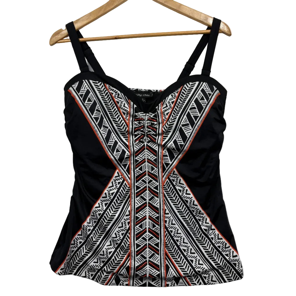 City Chic Black Tribal Print Tankini Swim Top - Size S/16
