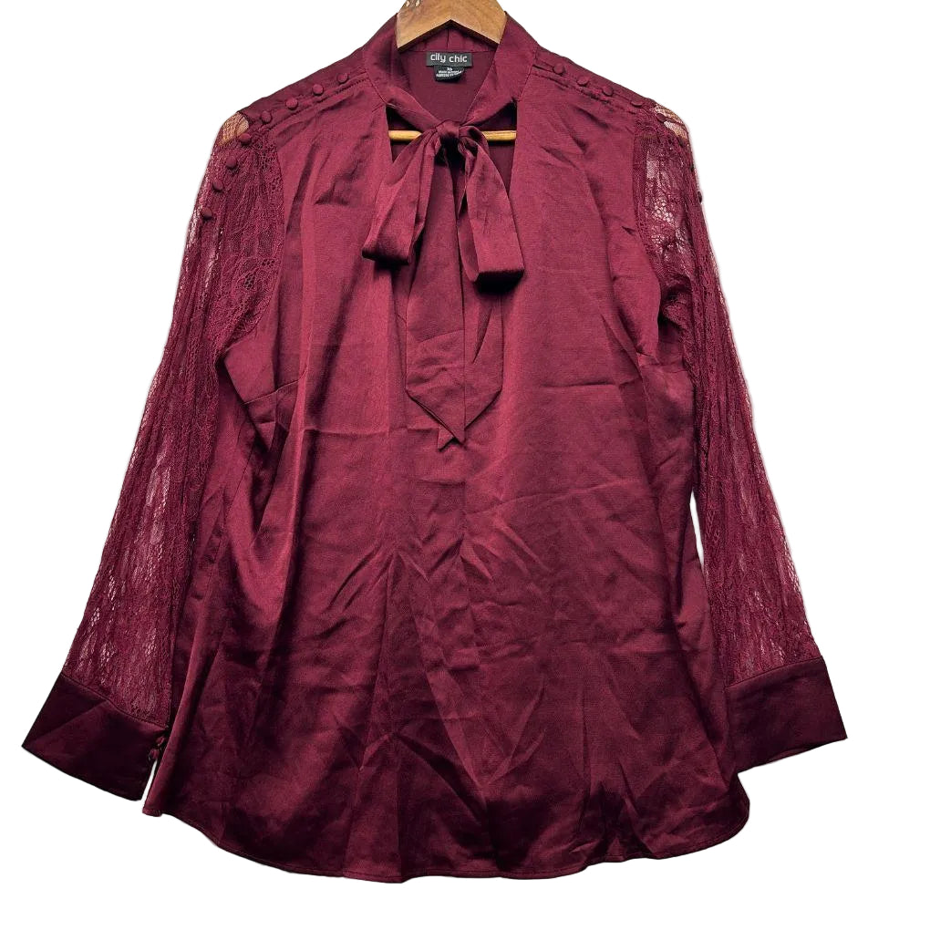 City Chic Burgundy Lace Sleeve Top - Size 14/XS