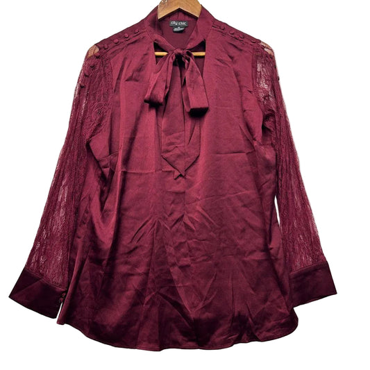 City Chic Burgundy Lace Sleeve Top - Size 14/XS