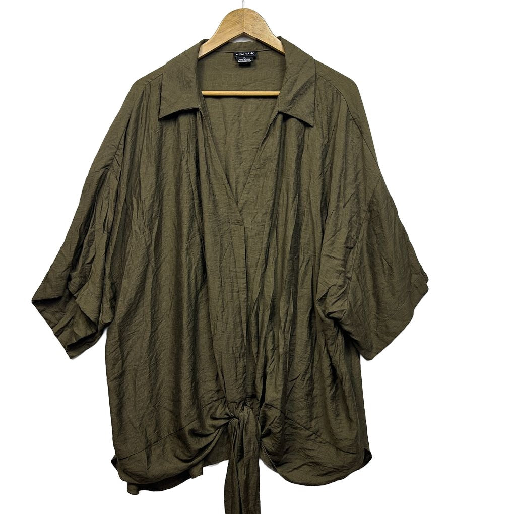 City Chic Khaki Tie Front Shirt - Size 22/XL