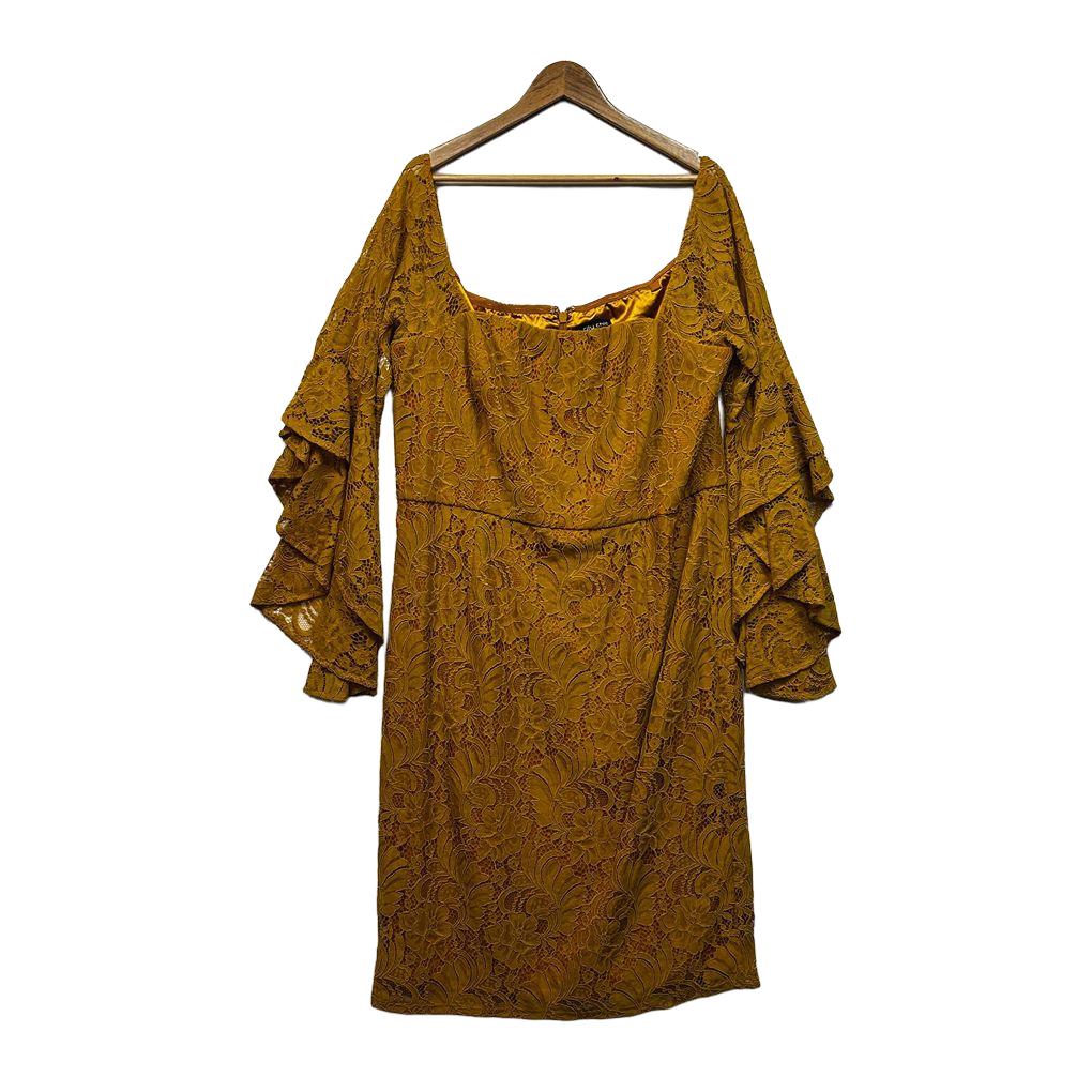 City Chic Mustard Plus Size Cotton Lace Dress - Size M/18