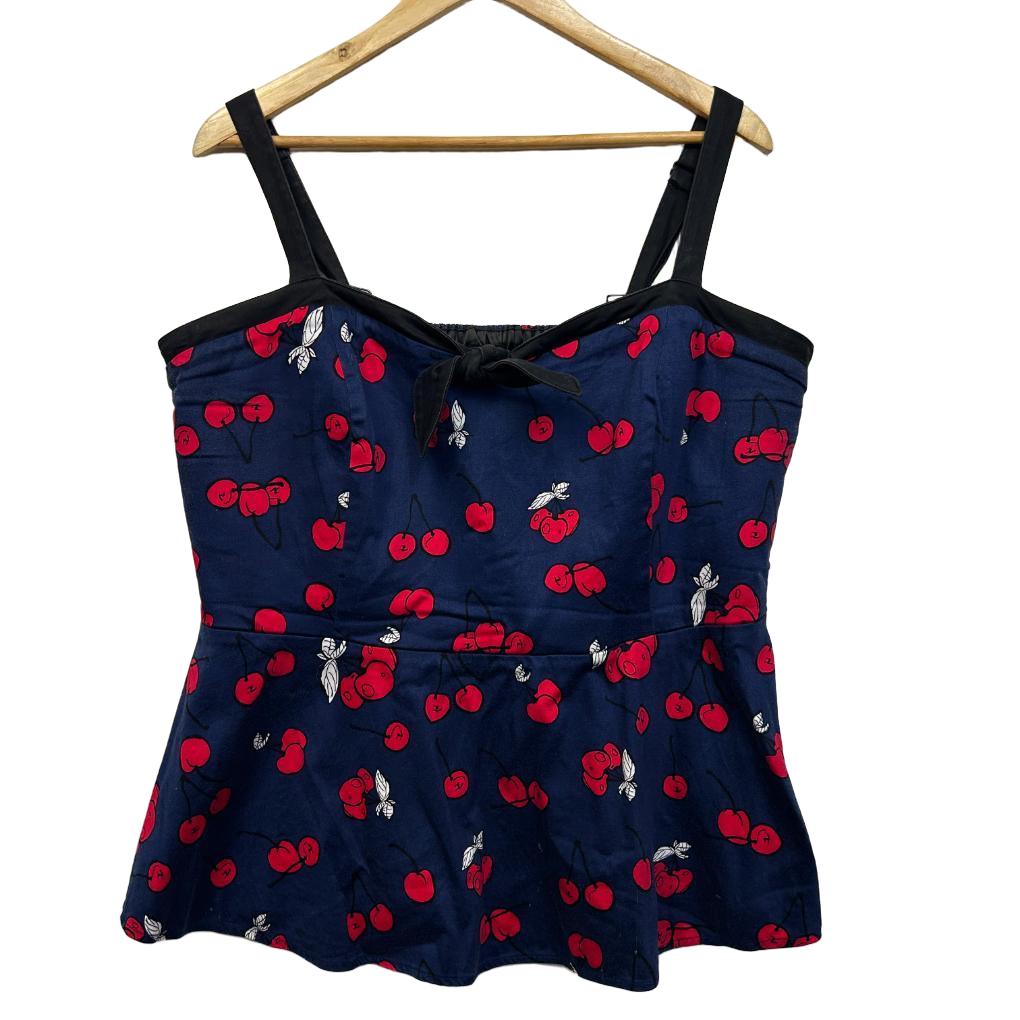 City Chic Navy Cherry Cotton Top - Size M