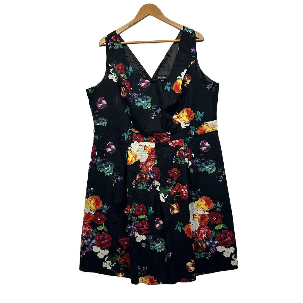 City Chic Black Floral Cotton Dress - Size 20/L