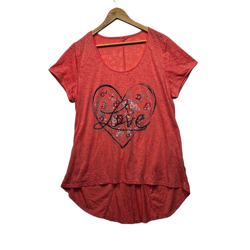 Coral Cotton Love Graphic Beaded Top - Size 16/18?