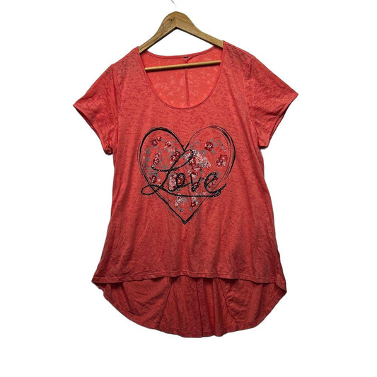 Coral Cotton Love Graphic Beaded Top - Size 16/18?