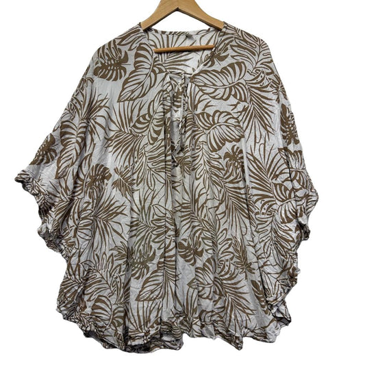 White Beige Palm Print Kaftan Top - Size 20/22