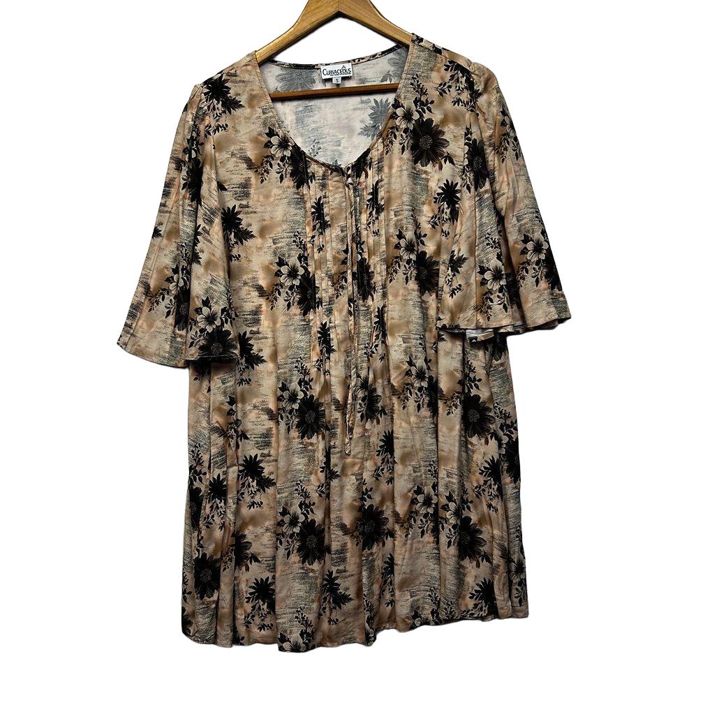 Curvaceous Beige Floral Plus Size Tunic Top - Size S/16