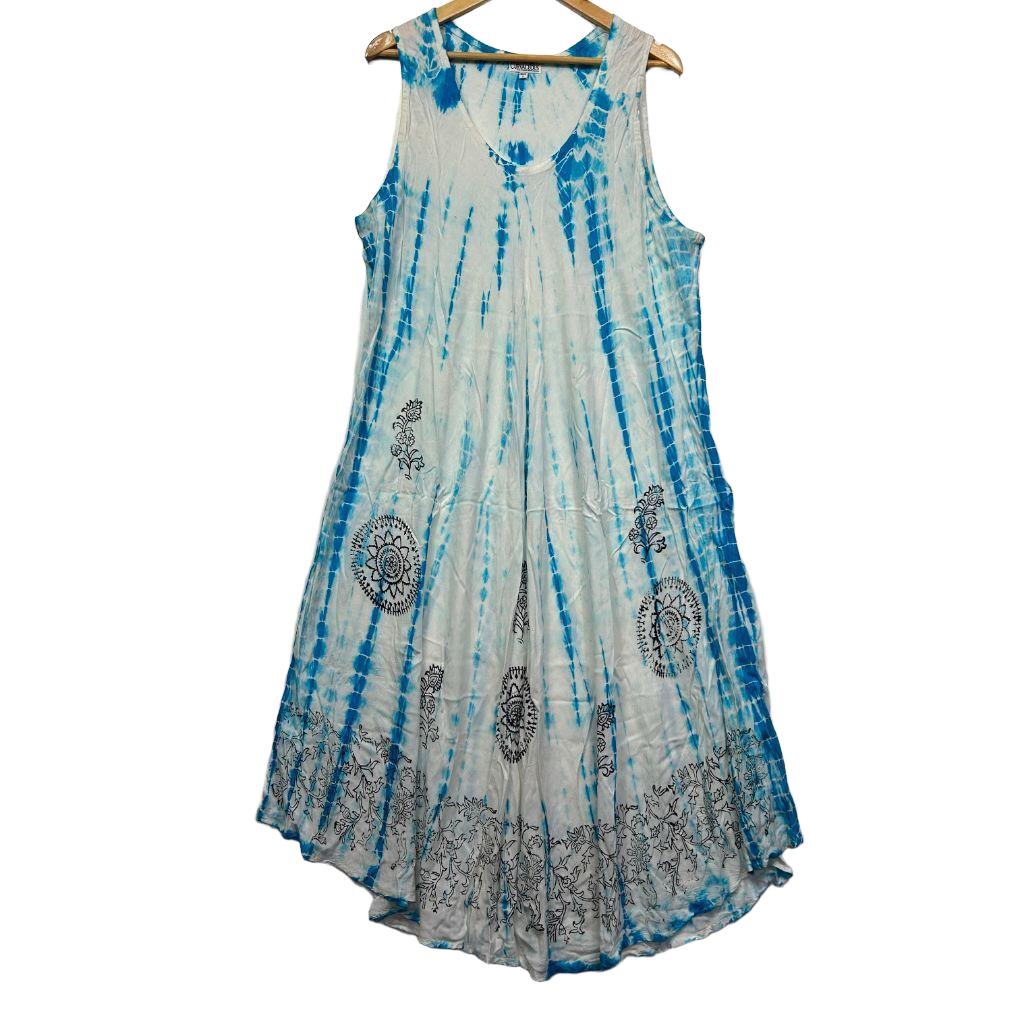 Curvaceous Blue White Tie-Dye Sleeveless Dress - Size 18