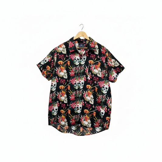DBK Apparel Black Skull Floral Hawaiian Party Mens Shirt - 3XL