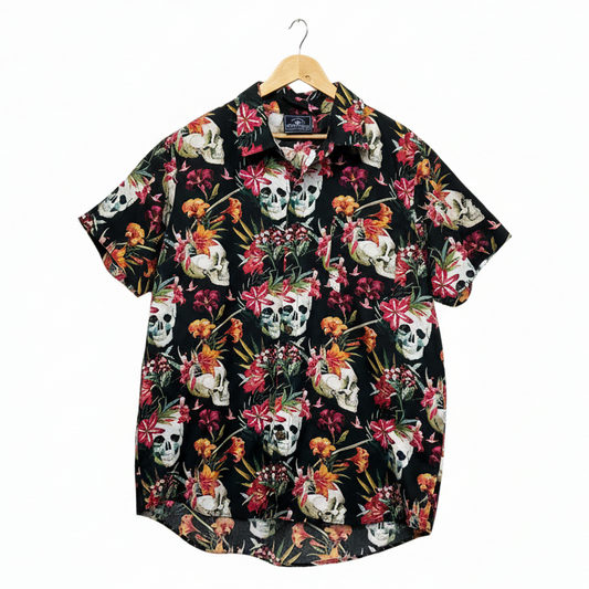 DBK Apparel Black Skull Floral Mens Hawaiian Shirt - Size 3XL