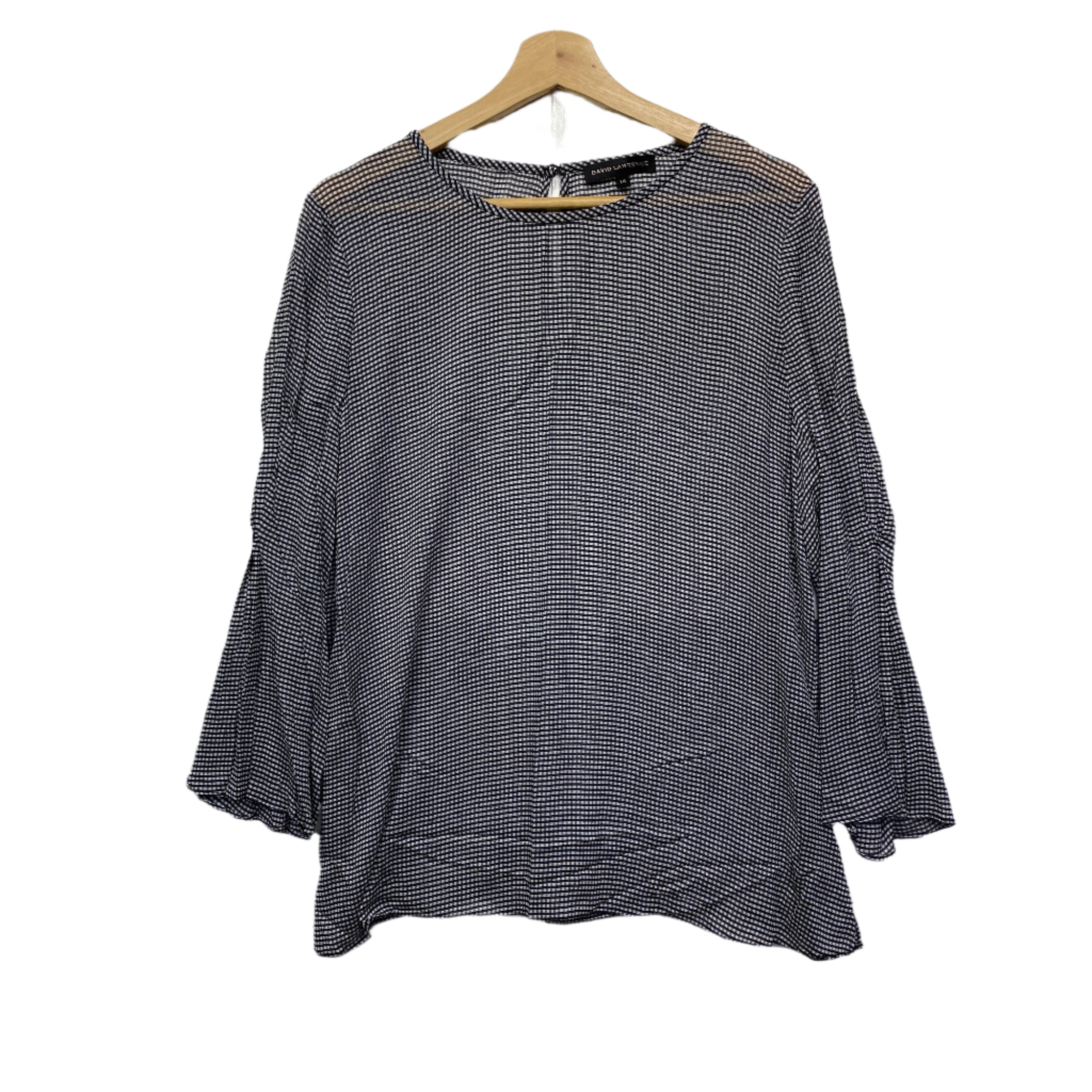 David Lawrence Black Check Sheer Long Sleeve Top - Size 14