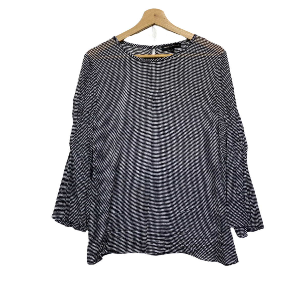 David Lawrence Black Check Sheer Long Sleeve Top - Size 14