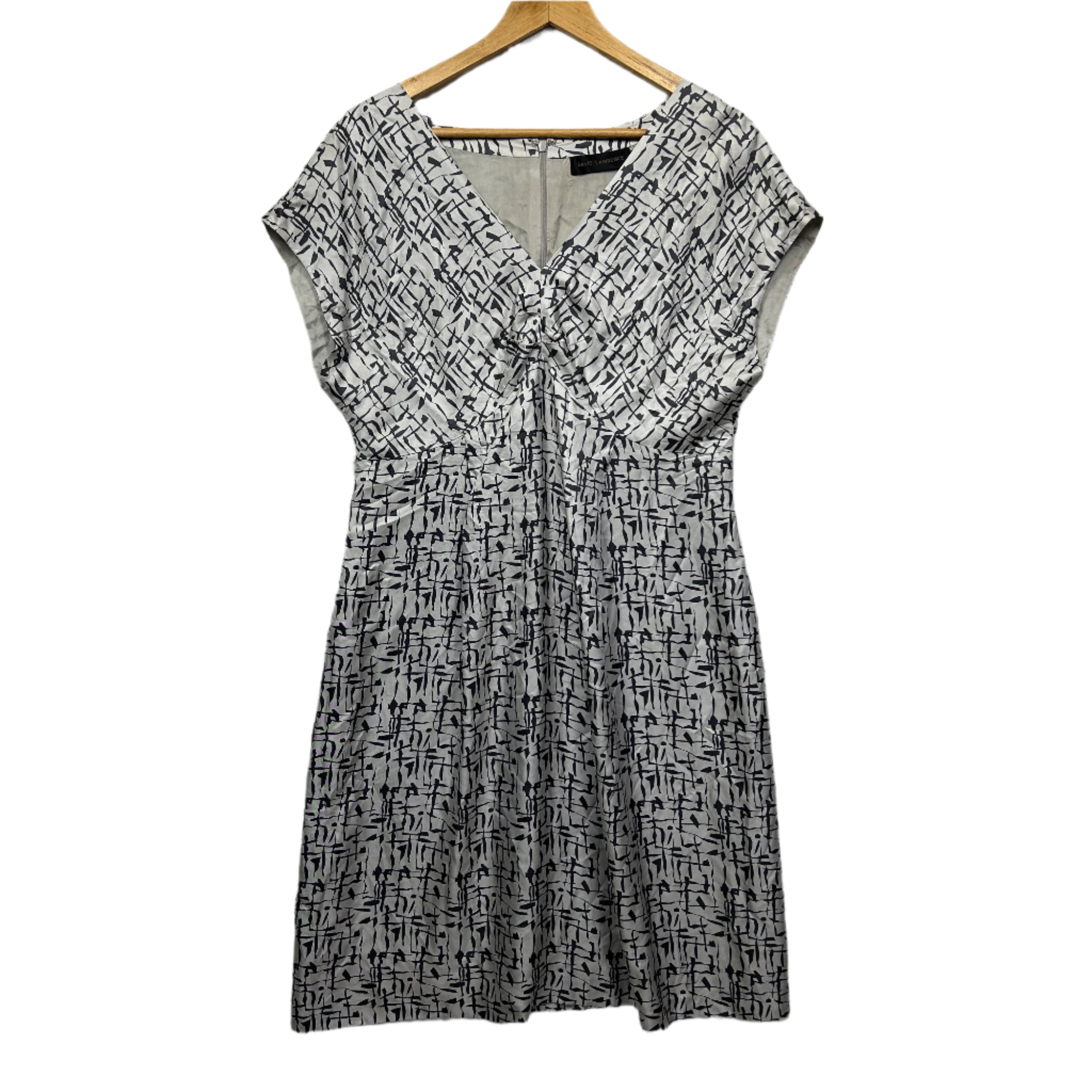 David Lawrence Silk Dress Size 14 White Grey Short Sleeve