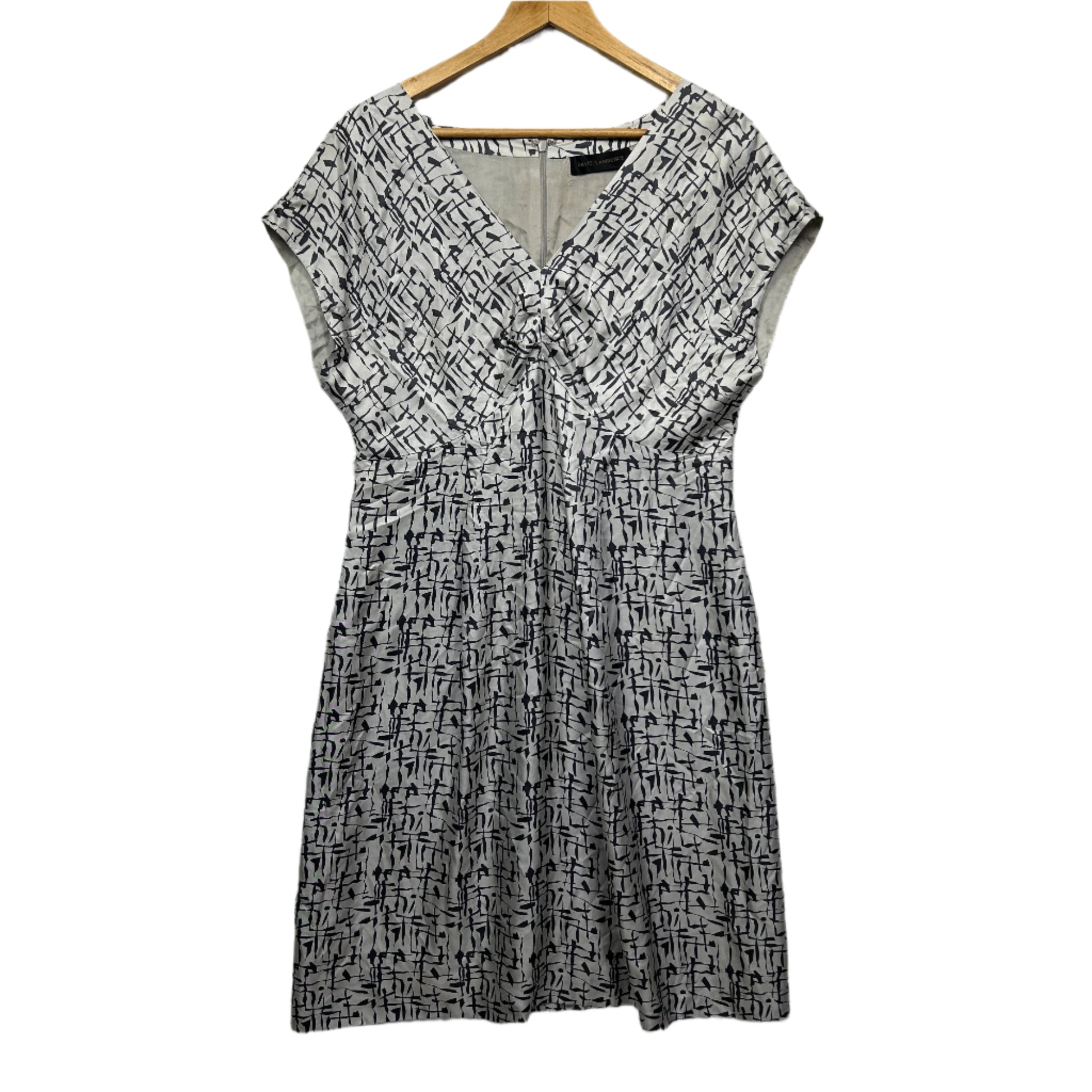 David Lawrence Silk Dress Size 14 White Grey Short Sleeve