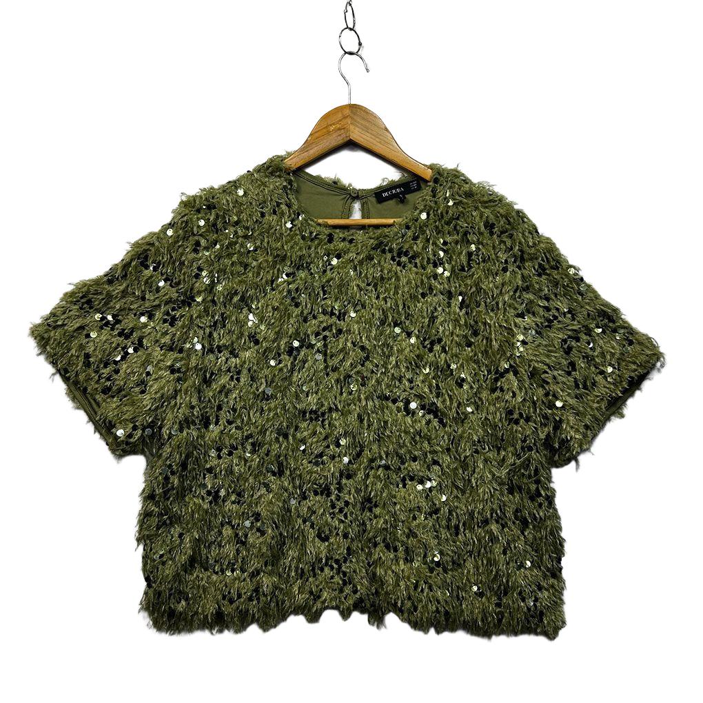 Decjuba Olive Fluffy Embellished Cropped Top - Size 3XL