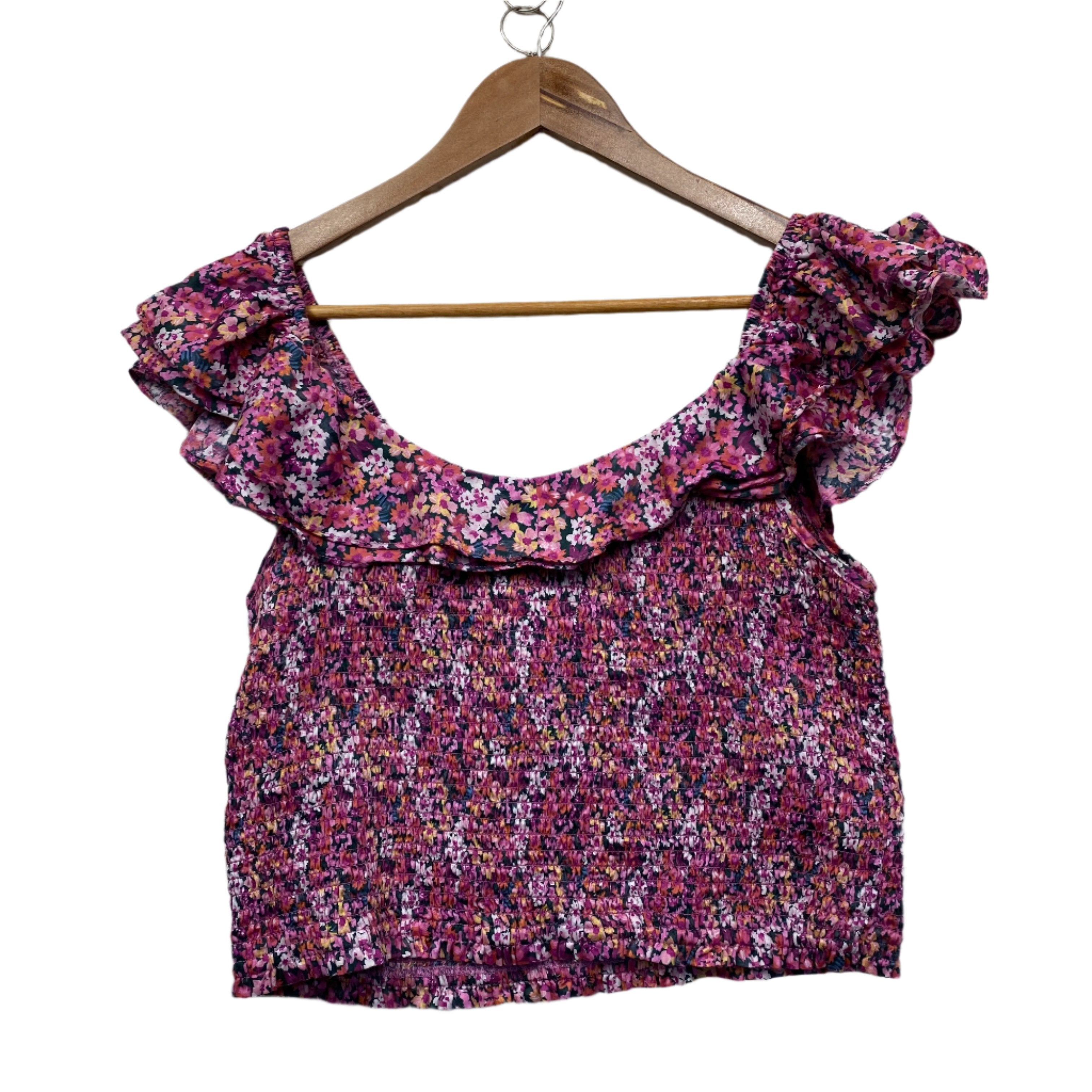 Decjuba Pink Floral Ruched Cropped Top - Size 14