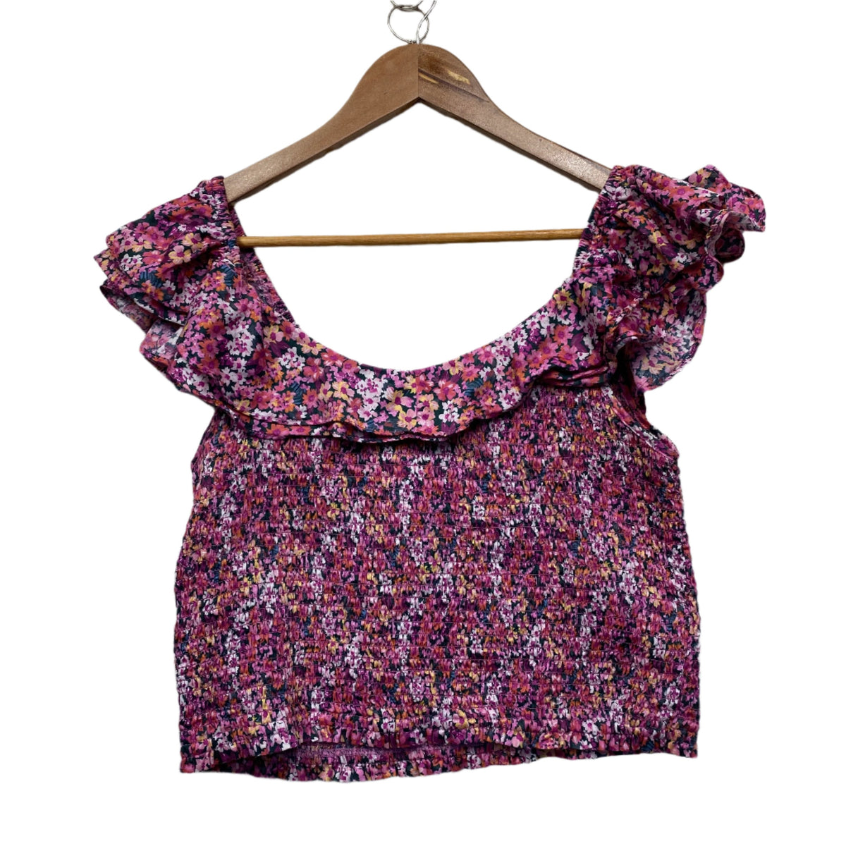 Decjuba Pink Floral Ruched Cropped Top - Size 14