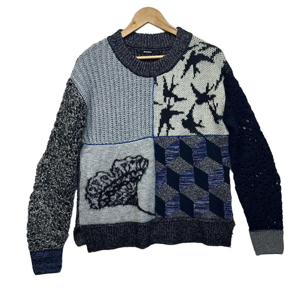 Desigual Blue Patchwork Wool Blend Jumper - Size L